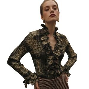 Lindi Ruffle Blouse Womens Medium Gold Black Corset Back Metallic